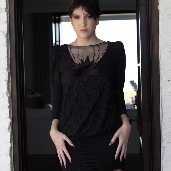 VTG 80s New Leaf by Samir Black Dress Sheer Floral Yoke, Puff Shoulders. Ruched. - Picture 8 of 9